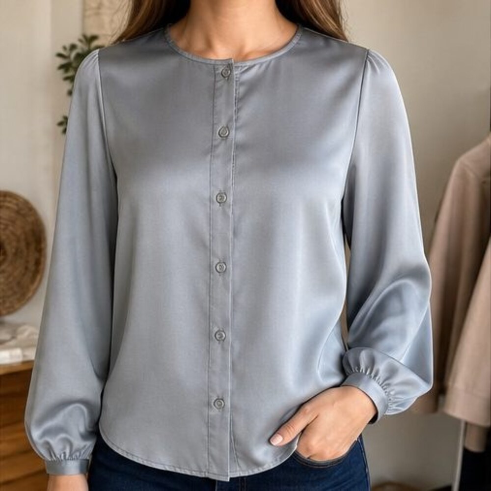 Gray Tie Neck Blouse - Picture 2 of 6